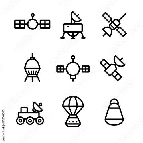 Planetary Probe Icon Set. Outline icon set of planetary probe types: orbiter, lander, flyby probe, atmospheric probe, impactor,