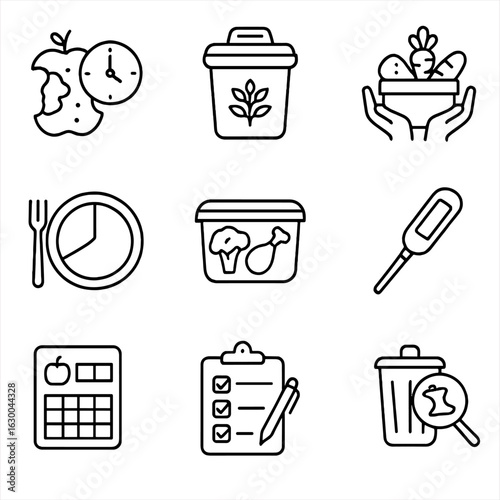 Food Waste Icons Grid. Outline icon set of food waste management: expired food, compost bin, food donation,