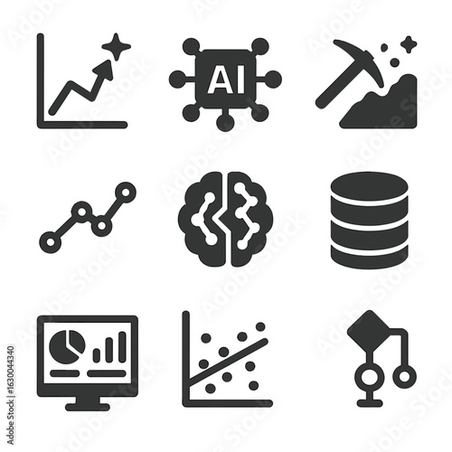 Forecasting Analytics Icons. Solid, filled icons set of forecasting analytics: prediction graph, AI network,