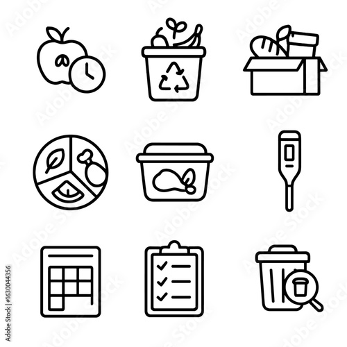Food Waste Icons Grid. Outline icon set of food waste management: expired food, compost bin, food donation,