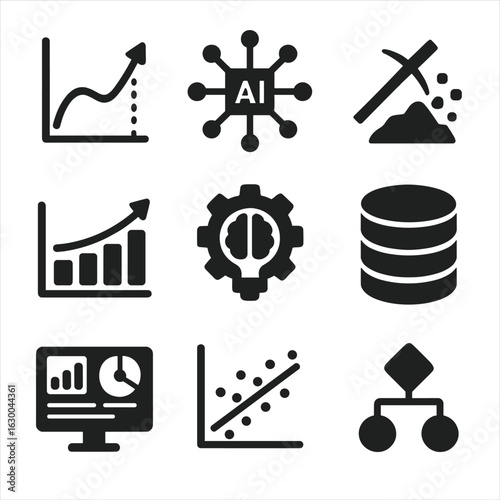 Forecasting Analytics Icons. Solid, filled icons set of forecasting analytics: prediction graph, AI network,