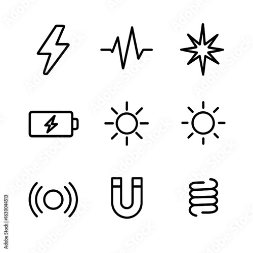 Energy Pulse Icons. Outline icon set of energy pulse: lightning bolt, power surge, electric spark, battery charge, solar flare,