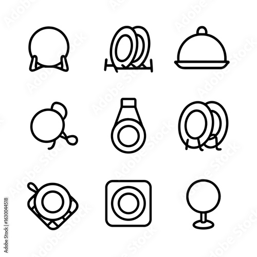 Plate Accessories Icons. Outline icon set of plate accessories: plate stand, dish rack, plate cover, plate clip, plate lifter,