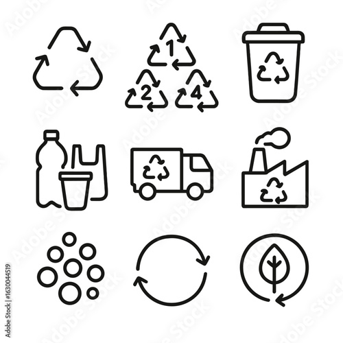 Plastic Recycling Icons. Outline icon set of plastic recycling: recycle arrows, numbered recycle codes, collection bin, separated