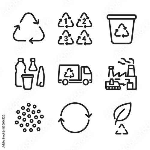 Plastic Recycling Icons. Outline icon set of plastic recycling: recycle arrows, numbered recycle codes, collection bin, separated