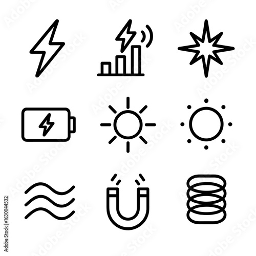 Energy Pulse Icons. Outline icon set of energy pulse: lightning bolt, power surge, electric spark, battery charge, solar flare,