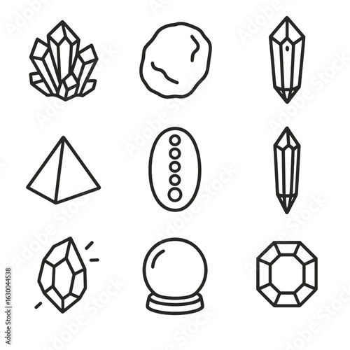 Energy Stones Icons. Outline icon set of energy stones: amethyst, rose quartz, sapphire crystal, healing prism, chakra stone,