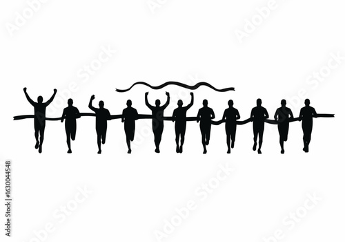 Silhouette illustration of a group of runners crossing the finish line with arms raised in celebration