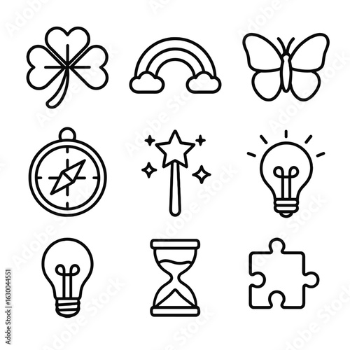 Fortunate Icon Set. Outline icon set of fortunate moments: clover leaf, rainbow, butterfly, compass, magic