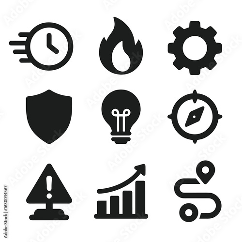 Founder Mindset Icons. Solid, filled icons set of founder mindset: hustle clock, passion flame,