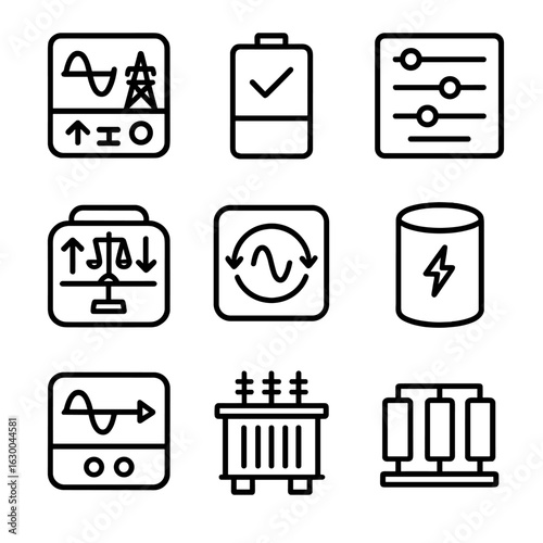 Energy System Icons. Outline icon set of stabilization in energy systems: power grid stabilizer, battery management, voltage