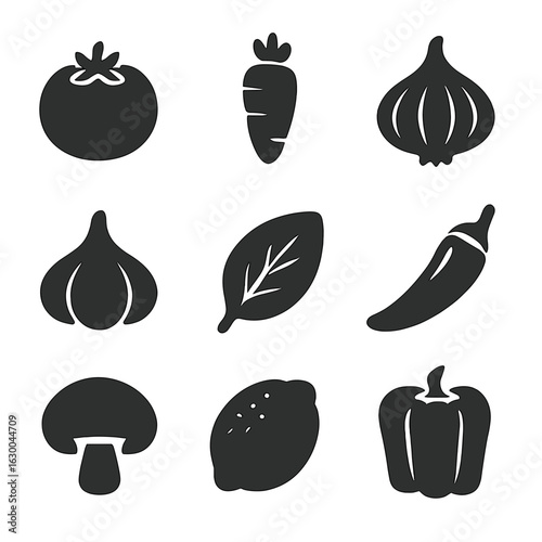 Fresh Ingredients Icons. Solid, filled icons set of fresh ingredients: tomato, carrot, onion, garlic, basil