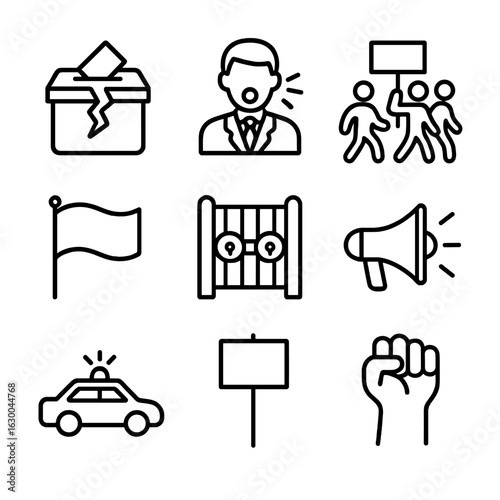 Political Unrest Icons. Outline icon set of political unrest: broken ballot box, shouting politician, protest march, flag waving,