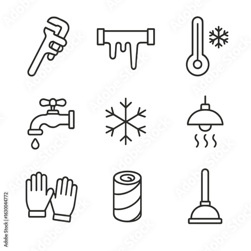 Frozen Pipes Icons. Outline icon set of checking frozen pipes: pipe wrench, frozen pipe, thermometer, dripping