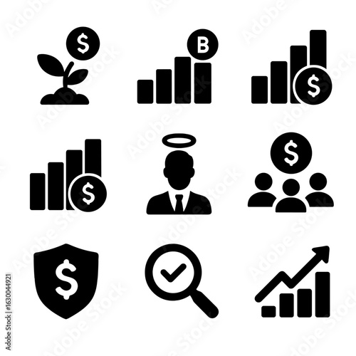 Funding Stages Icons. Solid, filled icons set of funding stages: seed funding, Series A, Series B, Series C,