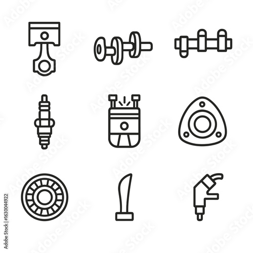 Engine Parts Icons. Outline icon set of propulsion parts: piston, crankshaft, camshaft, spark plug, cylinder, rotor, stator,