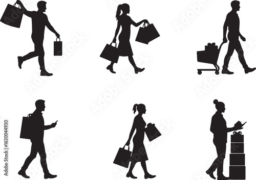 Shoppers walking with bags, enjoying retail therapy, shopping spree silhouettes