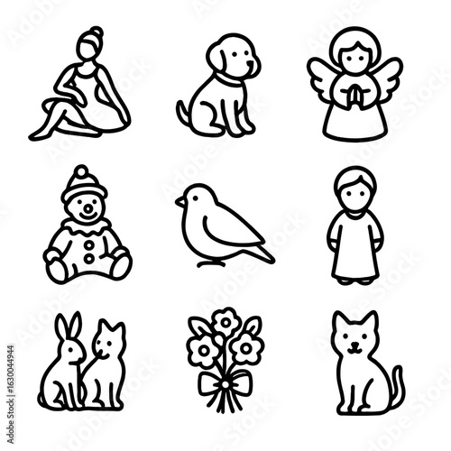 Porcelain Figure Icons. Outline icon set of collectible porcelain figures: ballerina, dog, angel, clown, bird, child, animal