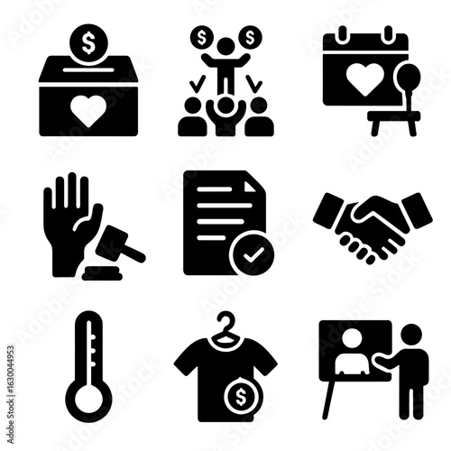 Fundraising Icons Grid. Solid, filled icons set of fundraising and resource mobilization: donation box,