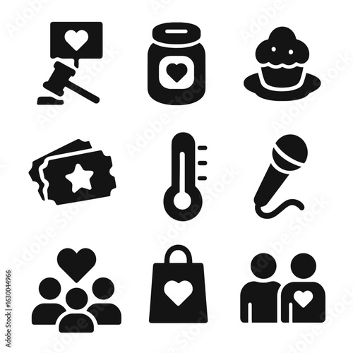 Fundraising Icons Collection. Solid, filled icons set of fundraising events: charity auction, donation jar,