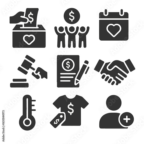 Fundraising Icons Grid. Solid, filled icons set of fundraising and resource mobilization: donation box,