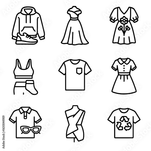 Fusion Fashion Icons. Outline icon set of fusion fashion trends: streetwear, haute couture, boho chic,