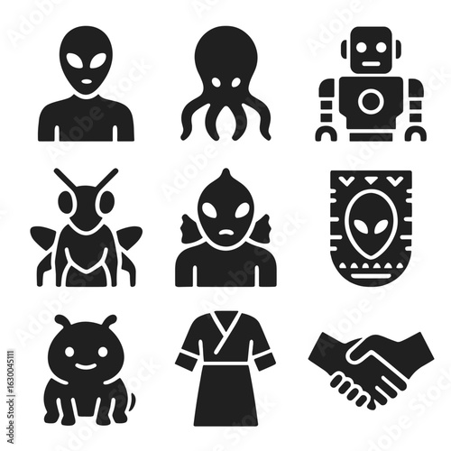 Futuristic Alien Icons. Solid, filled icons set of alien species and cultures: humanoid alien, tentacled