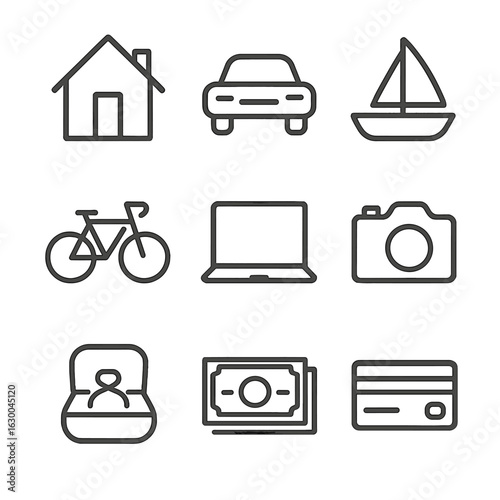 Possessions Icon Set. Outline icon set of possession types: house, car, boat, bicycle, laptop, camera, jewelry box, cash, credit