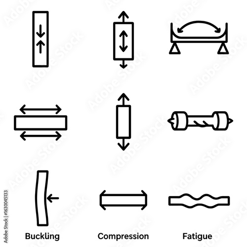 Engineering Forces Icons. Outline icon set of forces in engineering: stress, strain, bending moment, shear force, axial load,