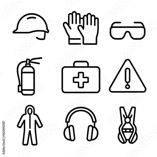 Engineering Safety Icons. Outline icon set of engineering safety equipment: helmet, gloves, safety glasses, fire extinguisher,