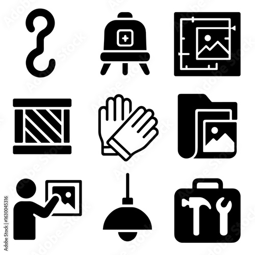 Gallery Setup Icons. Solid, filled icons set of gallery curation and setup: hanging hook, laser level, layout