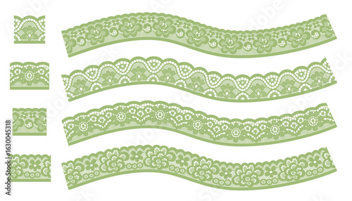 A set of four light green lace trims featuring small floral patterns, arranged in a non-symmetrical layout.