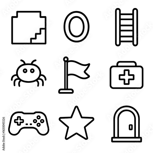 Game Design Icons. Outline icon set of game level design: pixelated block, coin, ladder, enemy sprite,