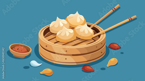 Steaming bamboo basket with four dumplings and chopsticks on a blue background with dipping sauce