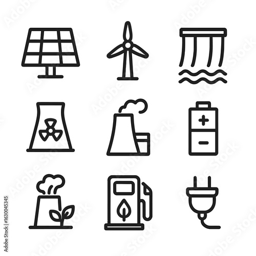 Power Source Icons. Outline icon set of power source types: solar panel, wind turbine, hydroelectric dam, nuclear reactor, coal