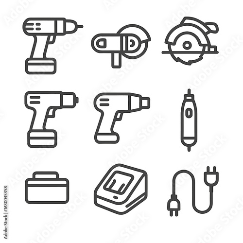 Power Tool Icons. Outline icon set of power tools for tool bag: cordless drill, angle grinder, power saw, impact driver, heat gun,