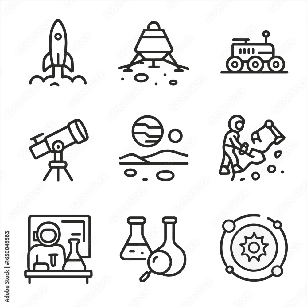 Fototapeta premium Cosmonaut Exploration Icons. Outline icon set of cosmonaut exploration: rocket launch, lunar landing, rover, space telescope,