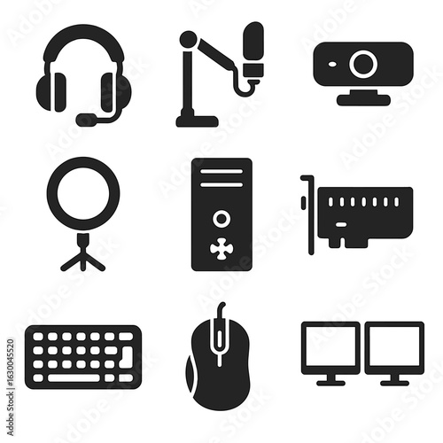 Gaming Gear Icons. Solid, filled icons set of game streaming equipment: gaming headset, microphone on boom arm