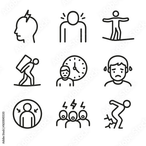 Pressure Icons Set. Outline icon set of emotional and social pressure: stress head, tense shoulders, tightrope walker, heavy
