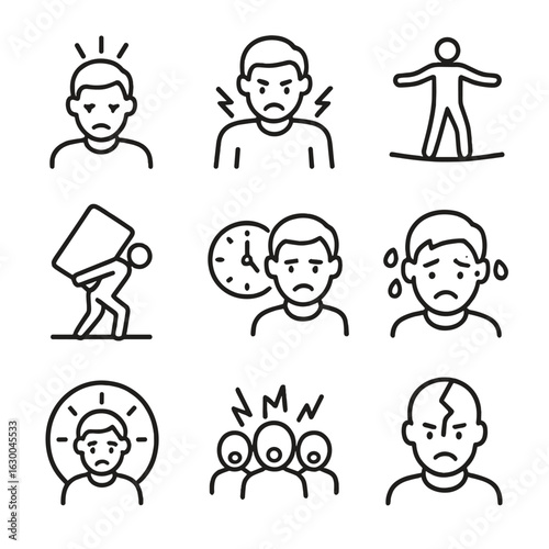 Pressure Icons Set. Outline icon set of emotional and social pressure: stress head, tense shoulders, tightrope walker, heavy