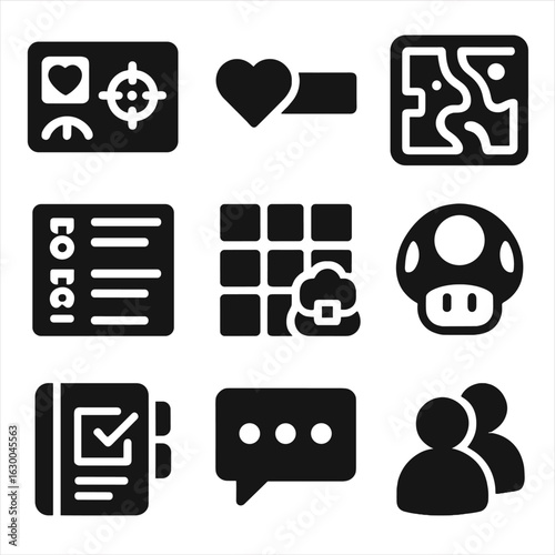 Gaming Interface Icons. Solid, filled icons set of gaming interfaces: HUD, health bar, map, leaderboard,