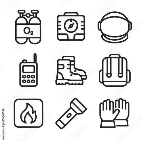 Cosmonaut Equipment Icons. Outline icon set of cosmonaut equipment: oxygen tank, life support, helmet visor, communications device
