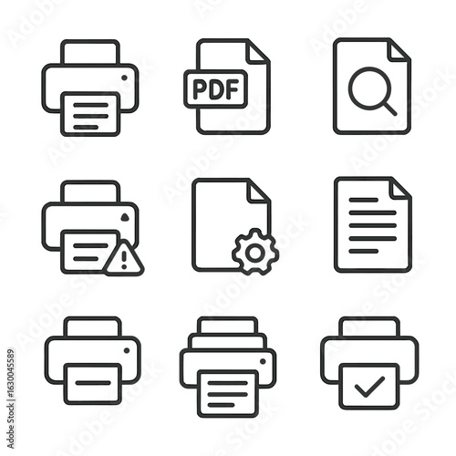 Print Icons Set. Outline icon set of print symbols and indicators: print icon, PDF file, print preview, print alert, page setup,