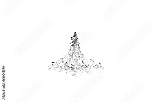 Illustration of a meditating figure atop a mountain surrounded by water and vegetation in black and white