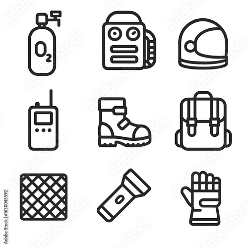 Cosmonaut Equipment Icons. Outline icon set of cosmonaut equipment: oxygen tank, life support, helmet visor, communications device