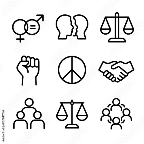 Icons of Equity. Outline icon set of justice and equality: gender equality, racial equality, justice for all, protest fist, peace