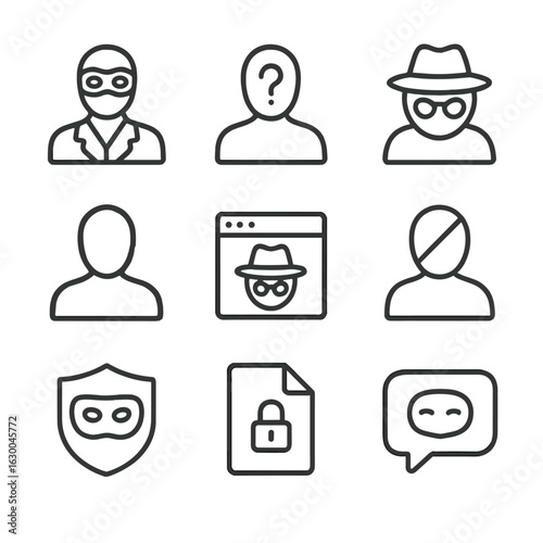 Privacy Icon Set. Outline icon set of privacy and anonymity: masked avatar, hidden identity silhouette, incognito hat and glasses,