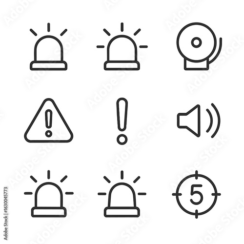 Countdown Icons Set. Outline icon set of countdown signals: flashing light, siren, alarm bell, warning triangle, exclamation mark,