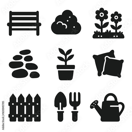 Garden Icon Collection. Solid, filled icons set of landscaped garden space: garden bench, shrubbery, flower