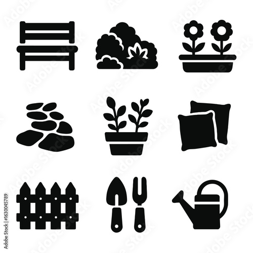 Garden Icon Collection. Solid, filled icons set of landscaped garden space: garden bench, shrubbery, flower